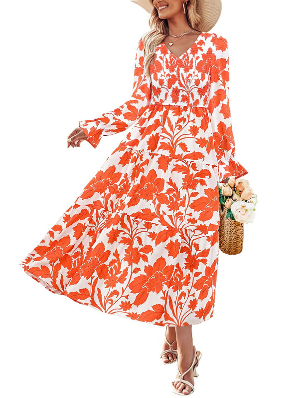 ZESICA Floral Boho V Neck A-Line Flowy Wedding Guest Dresses