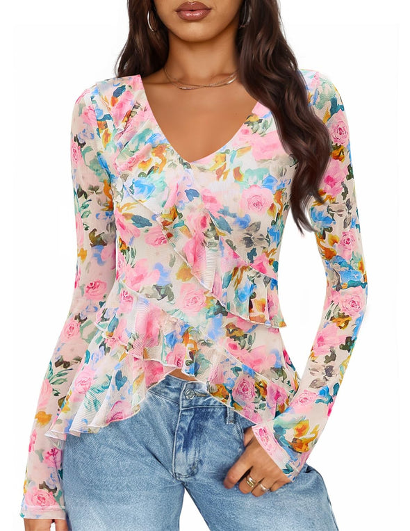 ZESICA Floral Shirts V Neck Going Out Ruffle Tops Blouses