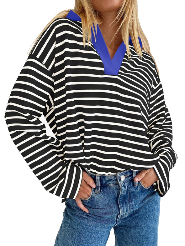 ZESICA Striped V Neck Oversized Sweatshirt Loose Fit Tunic Tops