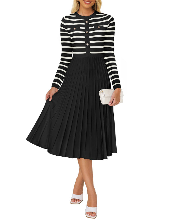 ZESICA Striped Crewneck Button Ribbed Knit Sweater Dress