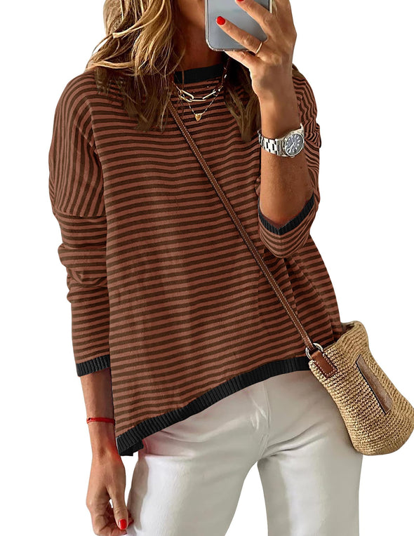 ZESICA Striped Crew Neck Color Block Pullover Tops