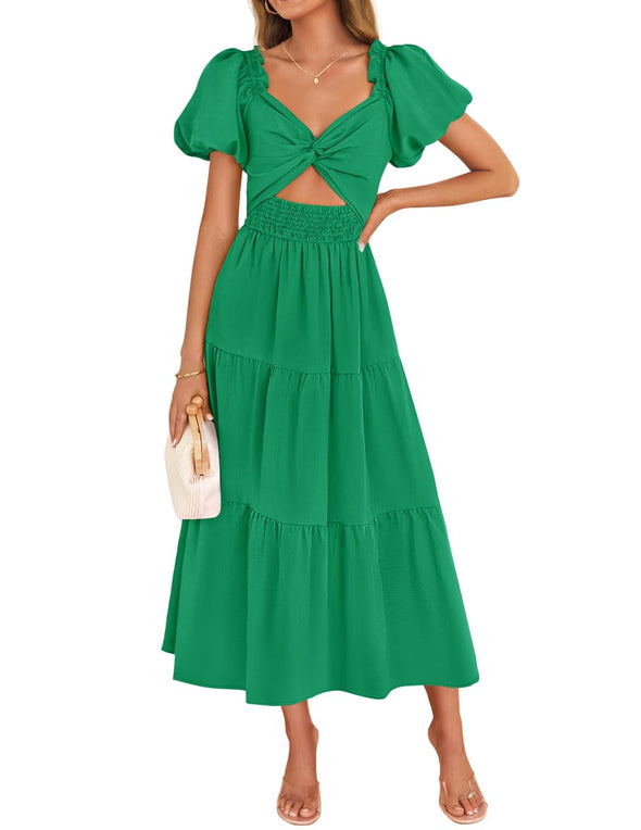ZESICA Smocked Short Puff Sleeve Twist Knot Cutout Flowy Dresses