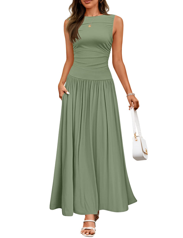 ZESICA Casual Crewneck Pleated Flowy Long Dress with Pockets