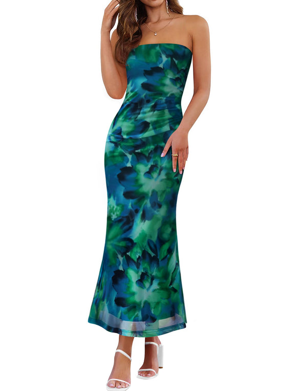 ZESICA Boho Floral Strapless Off Shoulder Bodycon Dresses