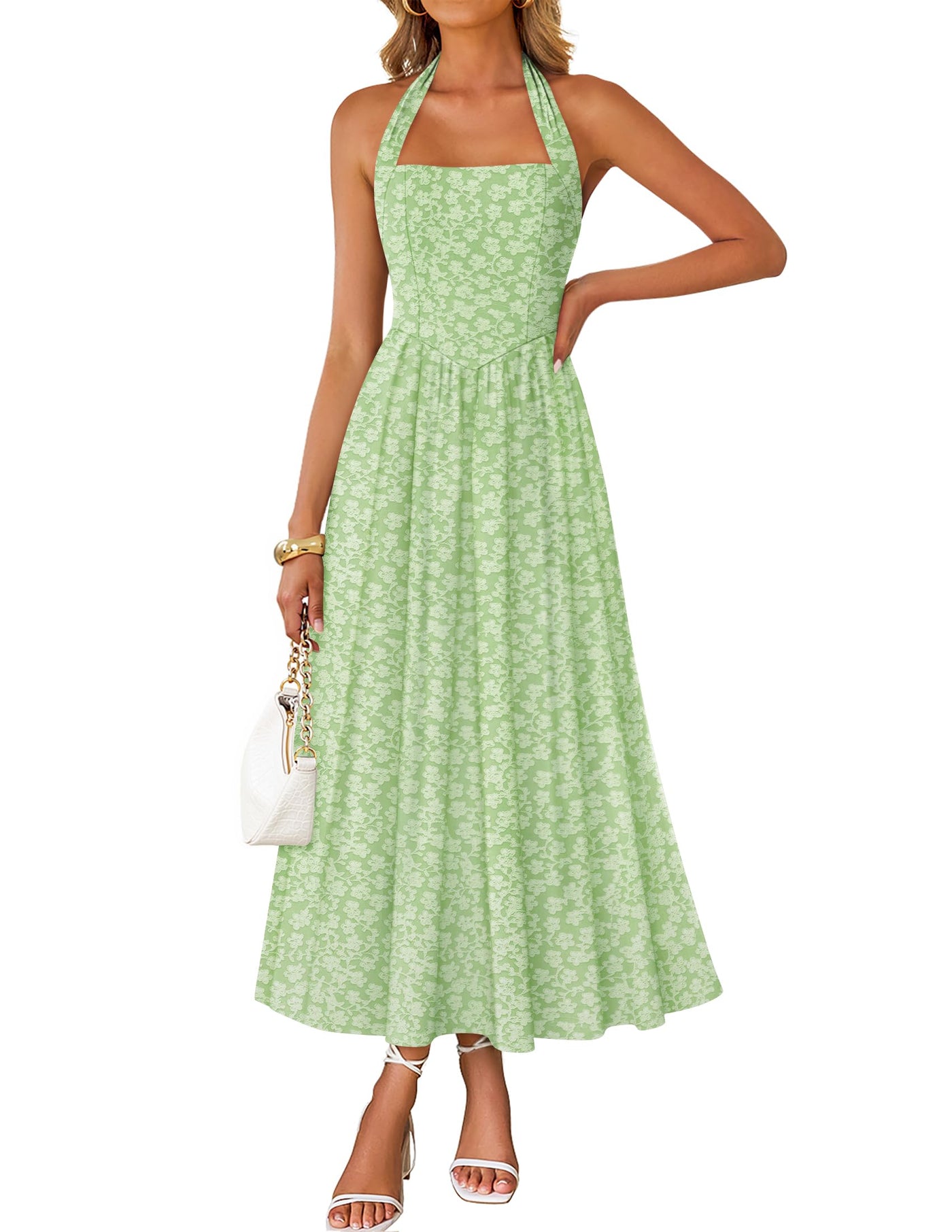 ZESICA Sleeveless Floral Halter Neck Wedding Flowy A Line Long Dress zesica ZESICA Sleeveless Floral Halter Neck Wedding Flowy A Line Long Dress zesica