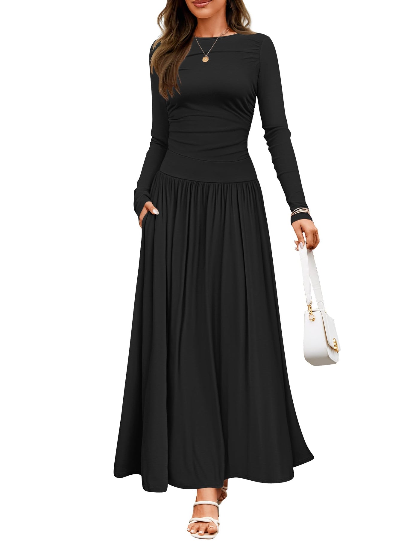 ZESICA Fall Crewneck Knit Slim Swing Pleated Dresses zesica ZESICA Fall Crewneck Knit Slim Swing Pleated Dresses zesica