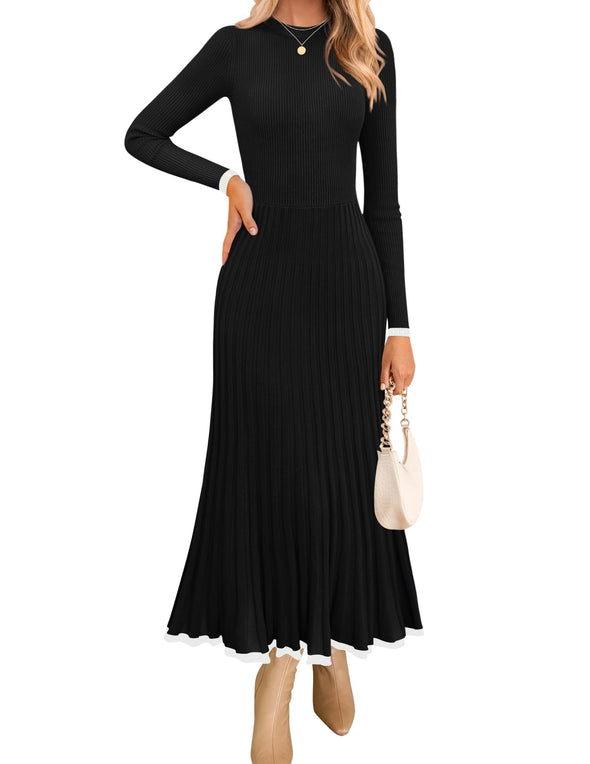 ZESICA Crewneck Ribbed Knit Pleated A-Line Wedding Dresses