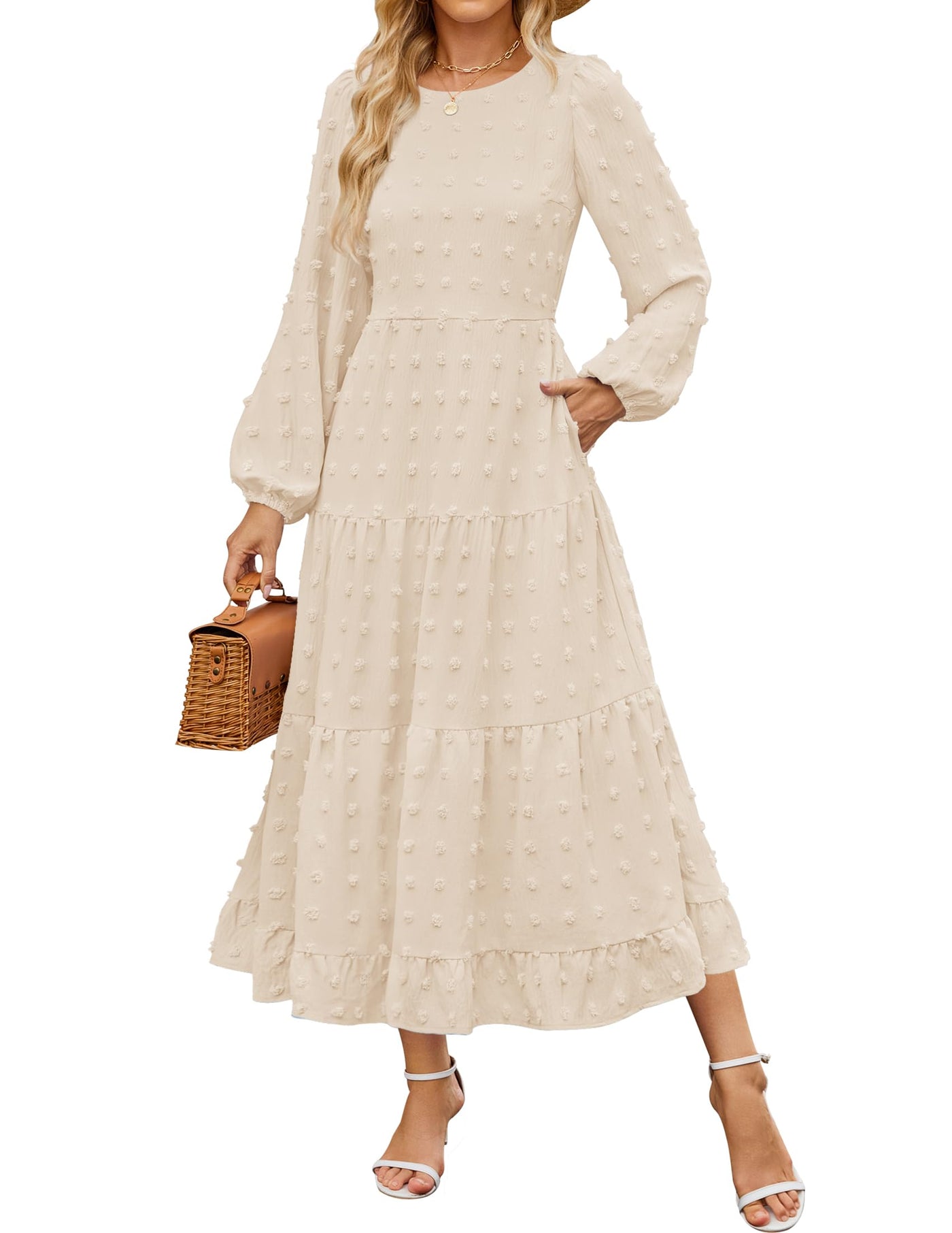 tiered long sleeve midi dress in swiss dot ZESICA Swiss Dot Tiered Flowy A Line Wedding Guest Dress – zesica