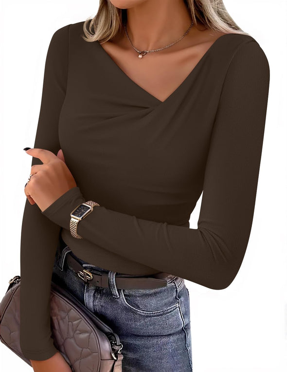 ZESICA Asymmetrical Neck Ruched Slim Fit Casual Tops