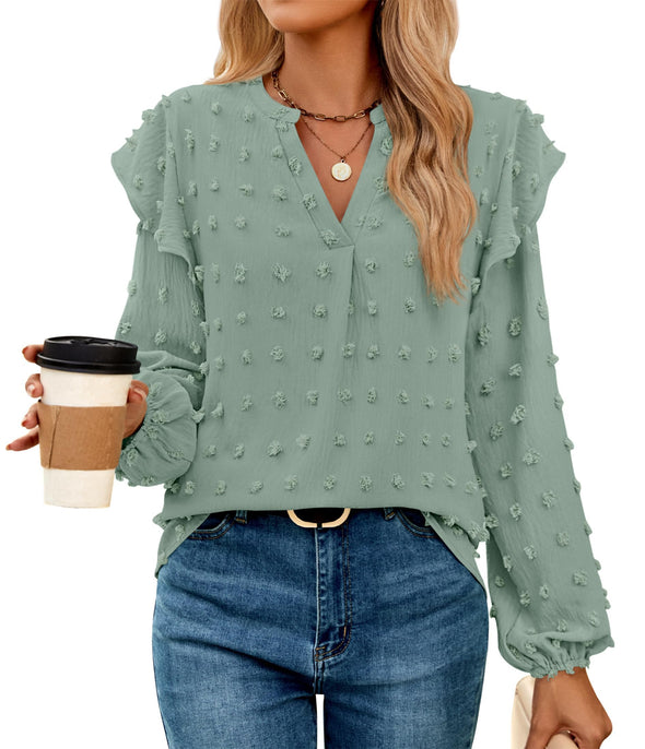 ZESICA  Chiffon Blouses V Neck Swiss Dot Casual Tunic Tops