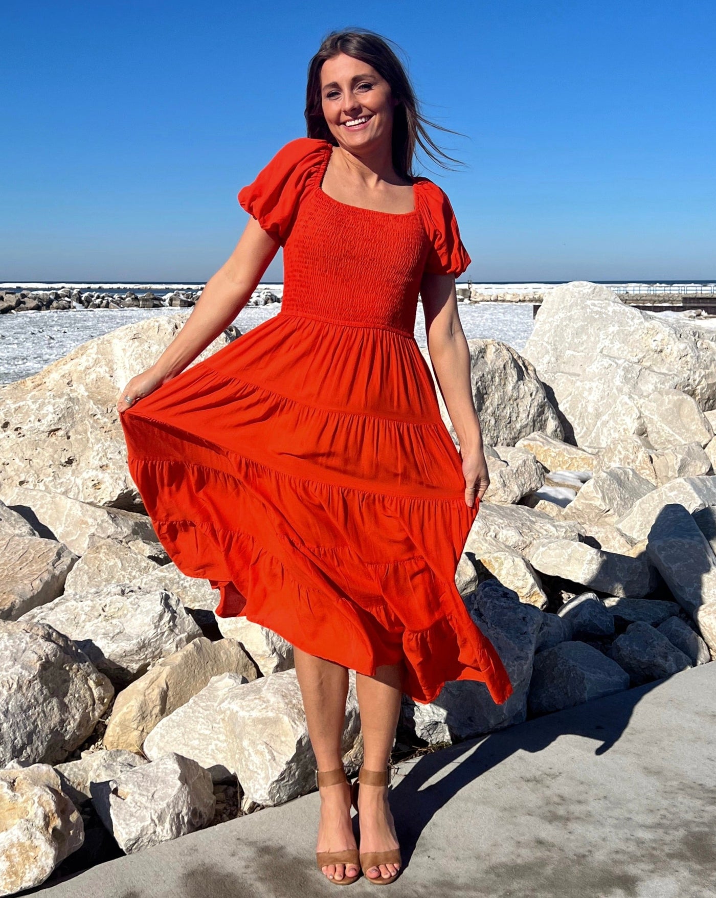 ZESICA Square Neck Smocked A Line Tiered Midi Dress zesica ZESICA Square Neck Smocked A Line Tiered Midi Dress zesica