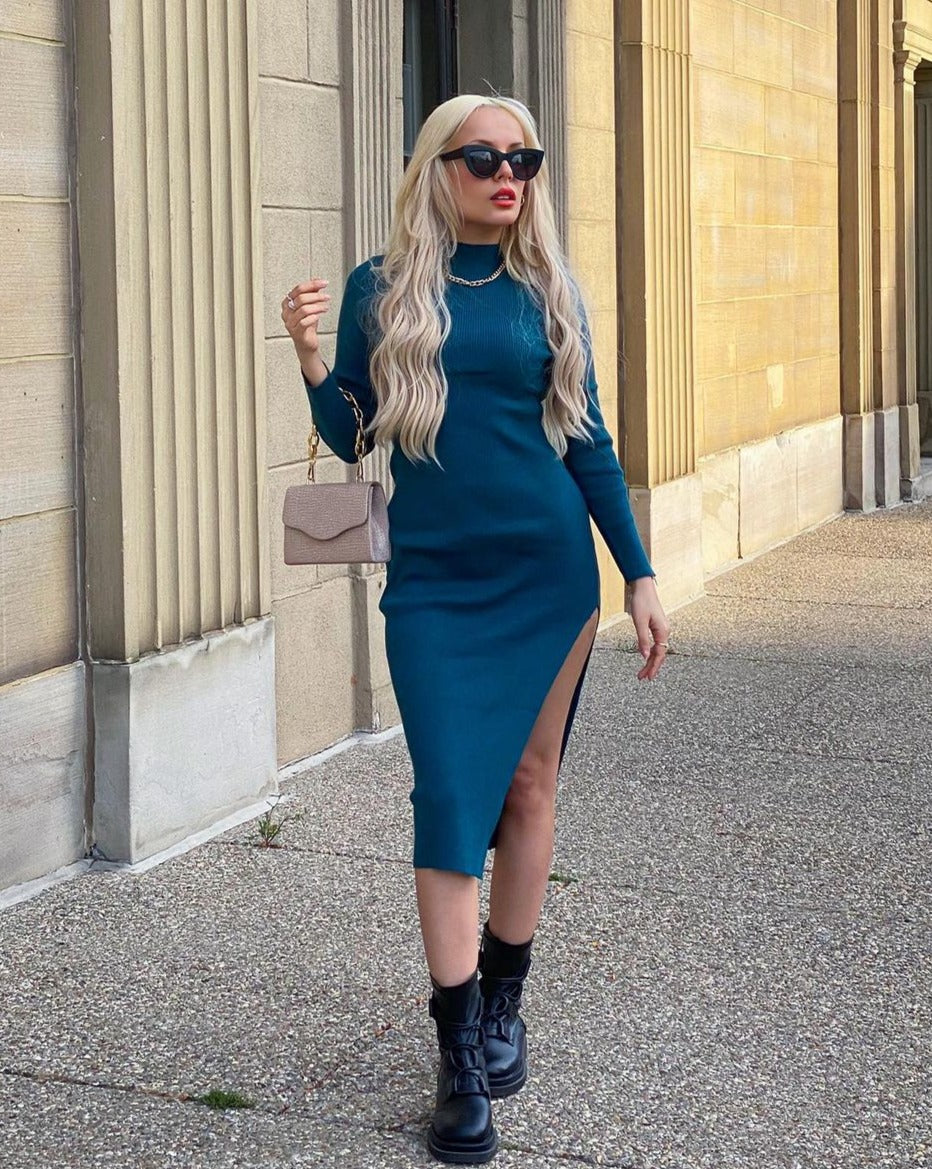 ZESICA Long Sleeve Mock Neck Ribbed Knit Slit Midi Dress zesica ZESICA Long Sleeve Mock Neck Ribbed Knit Slit Midi Dress zesica