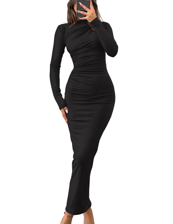 ZESICA Women's Fall Long Sleeve Bodycon Sexy Ruched Crew Neck Cocktail Party Dress