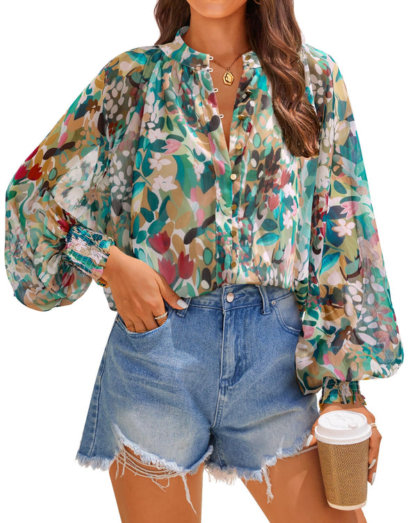 ZESICA Women's Floral Print Blouse Long Sleeve Button Down Casual Fall Boho Shirts