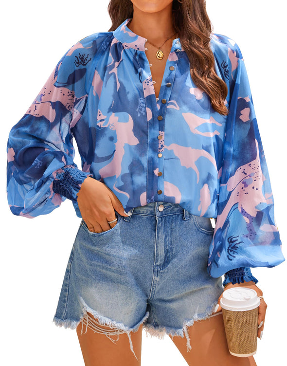 ZESICA Women's Floral Print Blouse Long Sleeve Button Down Casual Fall Boho Shirts