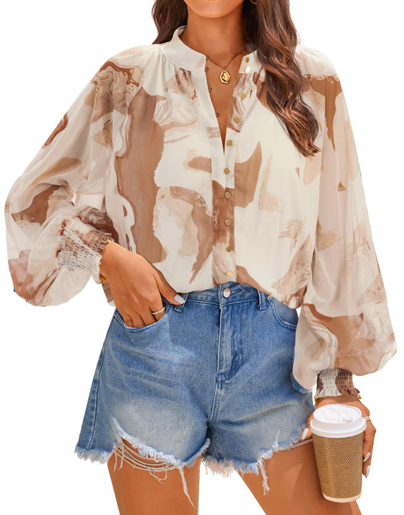 ZESICA Women's Floral Print Blouse Long Sleeve Button Down Casual Fall Boho Shirts