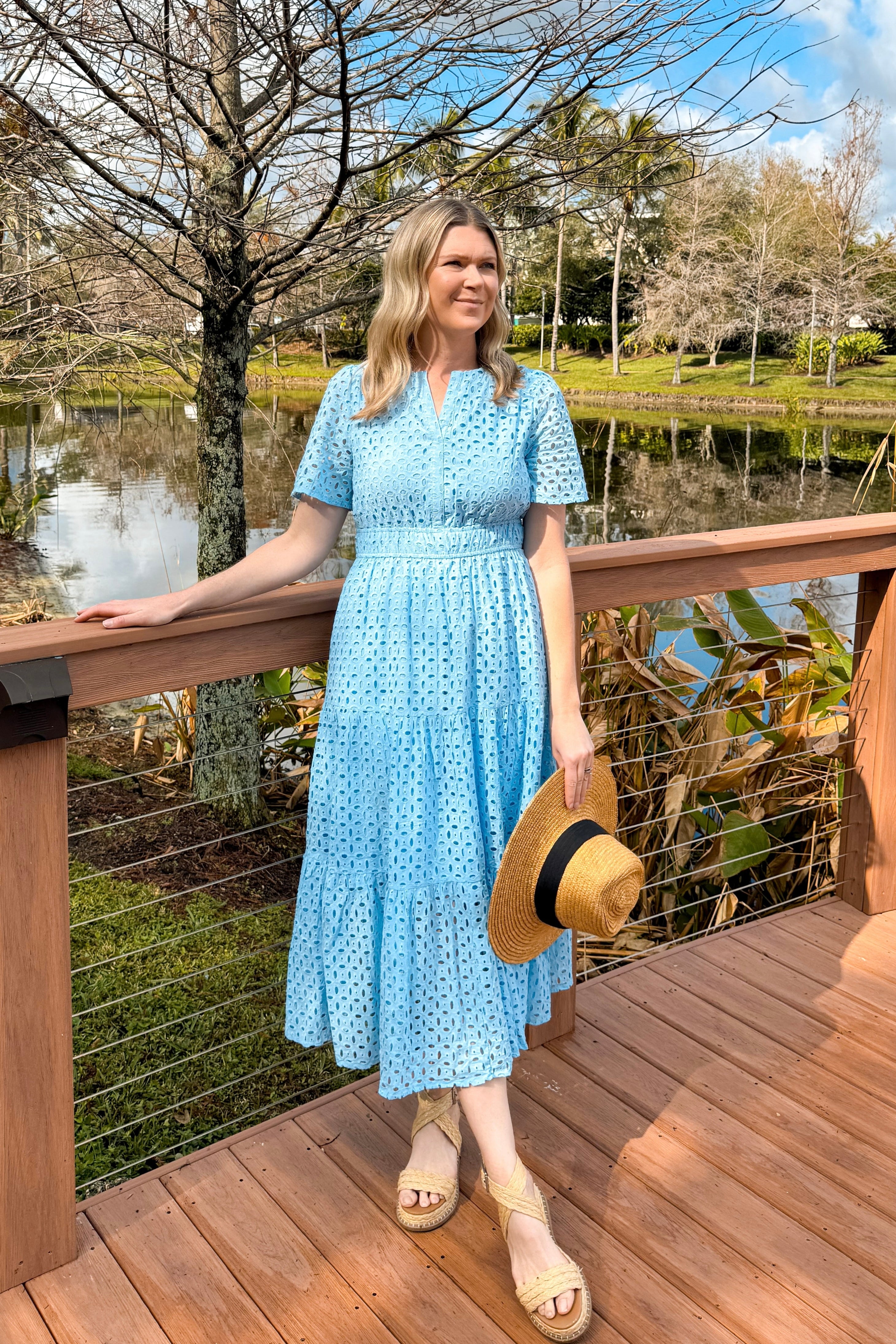 thumbnail image 2 of Women's V-Neck Eyelet Lace Maxi Dress - A-Line Swing Long Summer Dress 2 of 13