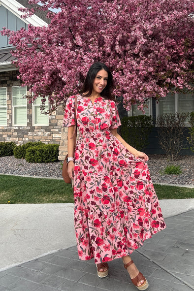 ZESICA Floral Print Short Sleeve V Neck High Waist Boho Dress