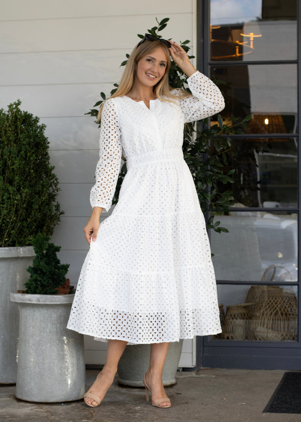 ZESICA V Neck Hollow Out Eyelet A Line Long Flowy Party Dresses