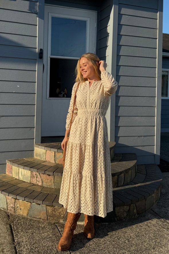 ZESICA V Neck Hollow Out Eyelet A Line Long Flowy Party Dresses