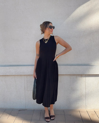ZESICA Casual Crewneck Ribbed Knit Pleated A Line Swing Dress