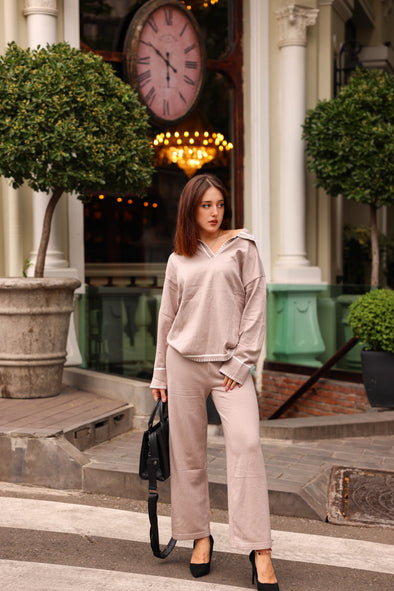 ZESICA V Neck Knit Tops Wide Leg Pants Sweatsuit Lounge Sets