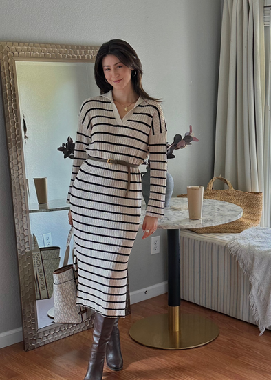 ZESICA Striped Sweater Dresses Lapel V Neck Knit Side Slit Midi Dress