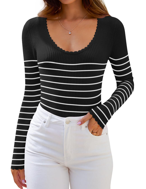 ZESICA Women's Long Sleeve Striped  Fall Slim Fit Ribbed Knit Sweater Basic Casual Tops