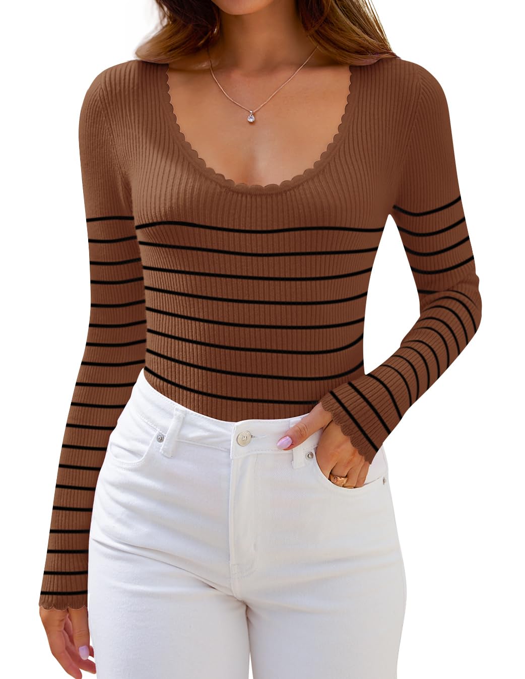 ZESICA Women's Long Sleeve Striped Fall Slim Fit Ribbed Knit