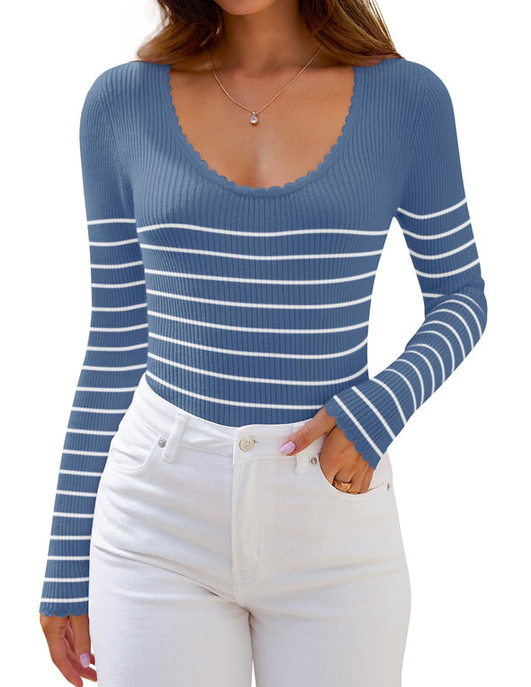 ZESICA Women's Long Sleeve Striped  Fall Slim Fit Ribbed Knit Sweater Basic Casual Tops