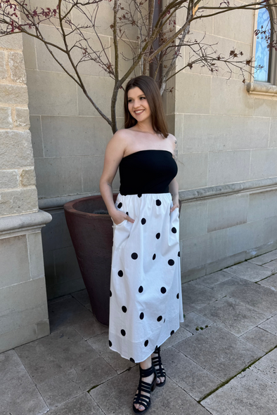 ZESICA Boho Strapless Off Shoulder Polka Dot Printed Flowy Long Dresses