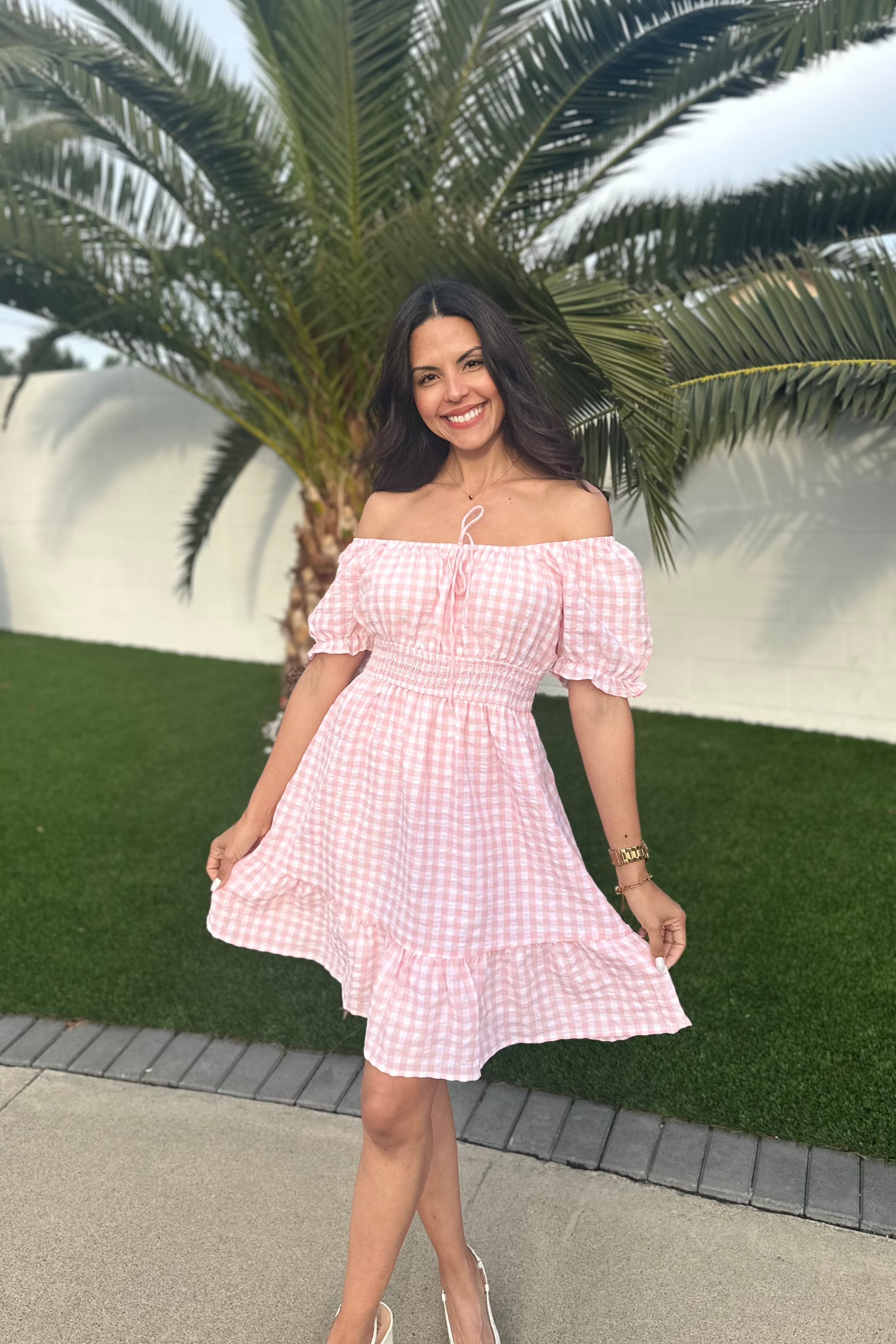 ZESICA Square Neck Puff Sleeve Plaid Ruffle Flowy Smocked Dresses zesica ZESICA Square Neck Puff Sleeve Plaid Ruffle Flowy Smocked Dresses zesica