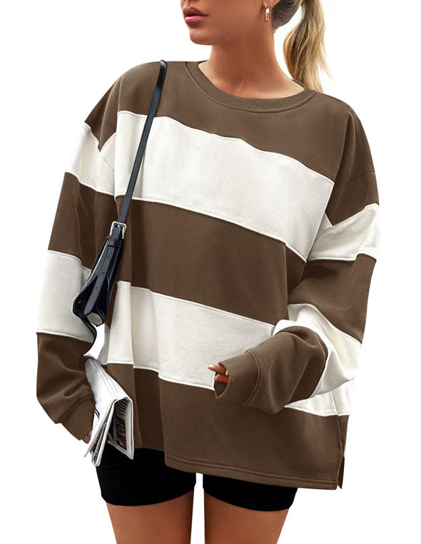 ZESICA Women's Fall Sweatshirt Long Sleeve Oversized Striped Fleece Pullover Tops