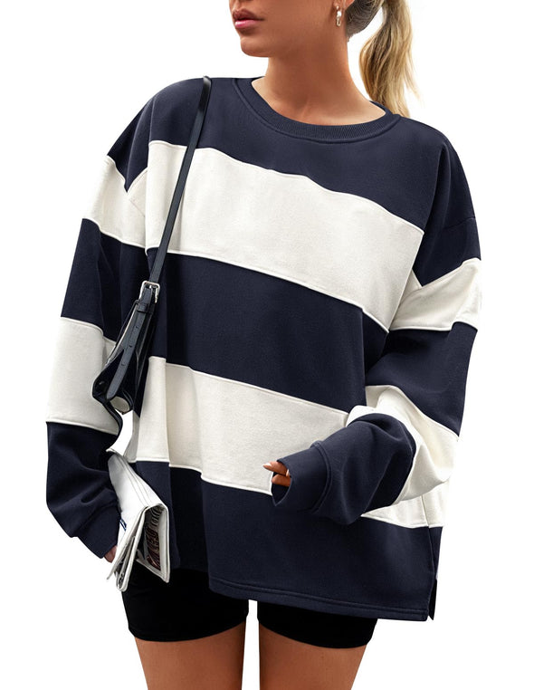 ZESICA Women's Fall Sweatshirt Long Sleeve Oversized Striped Fleece Pullover Tops