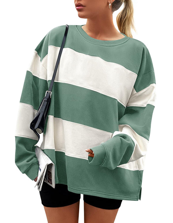 ZESICA Women's Fall Sweatshirt Long Sleeve Oversized Striped Fleece Pullover Tops