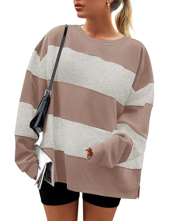 ZESICA Women's Fall Sweatshirt Long Sleeve Oversized Striped Fleece Pullover Tops