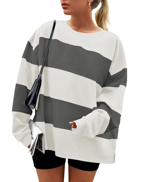 ZESICA Women's Fall Sweatshirt Long Sleeve Oversized Striped Fleece Pullover Tops