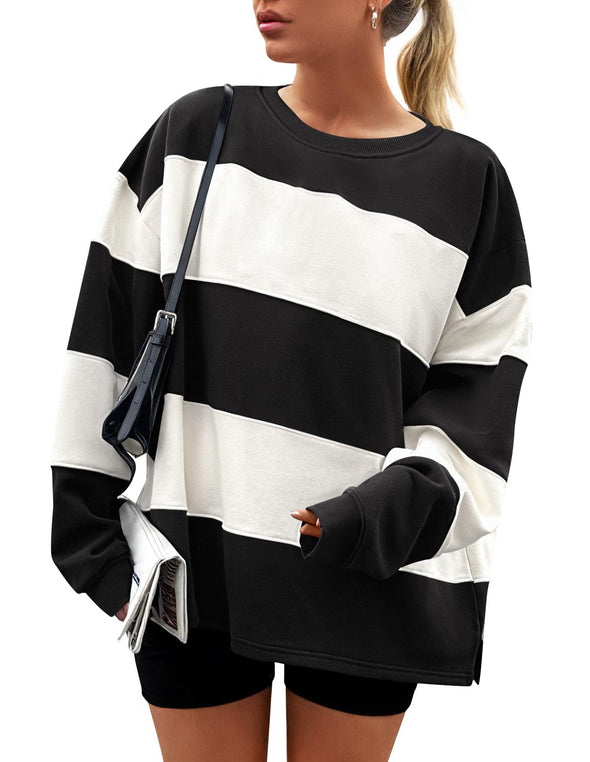 ZESICA Women's Fall Sweatshirt Long Sleeve Oversized Striped Fleece Pullover Tops