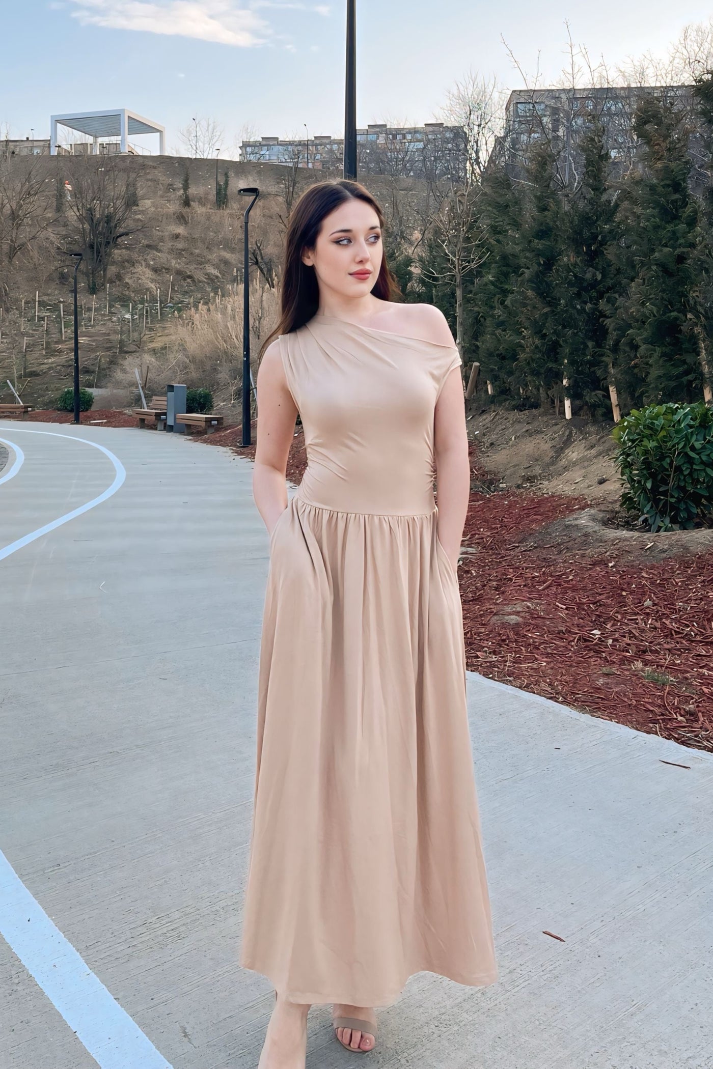 ZESICA Sleeveless One Shoulder Casual Slim Swing Pleated Dresses zesica ZESICA Sleeveless One Shoulder Casual Slim Swing Pleated Dresses zesica