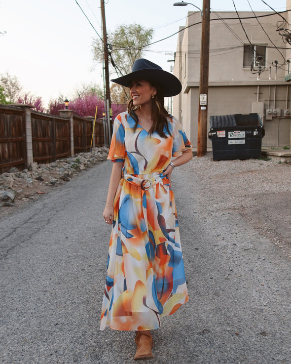 ZESICA Floral Print Short Sleeve V Neck High Waist Flowy Dress