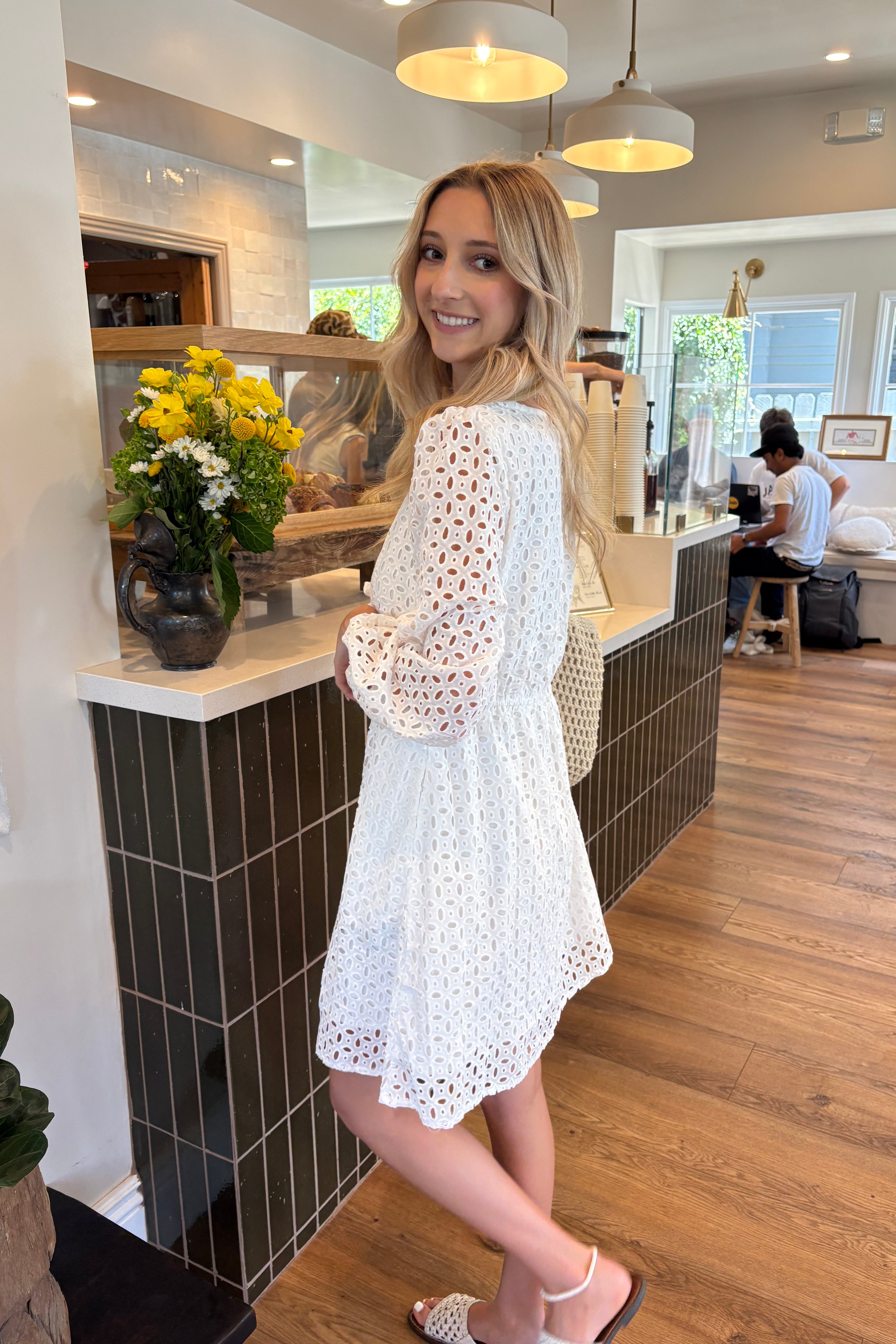 ZESICA Crewneck Tie Front Hollow Out Eyelet Short Dresses zesica ZESICA Crewneck Tie Front Hollow Out Eyelet Short Dresses zesica