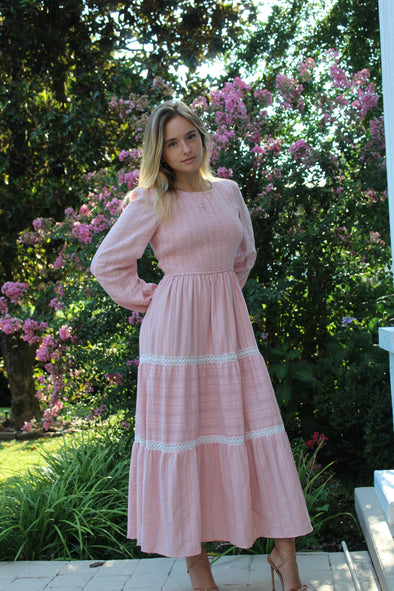 ZESICA Crewneck Smocked A Line Tiered Flowy Wedding Long Dress