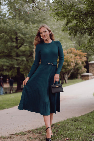 ZESICA Fall Crewneck Knit A Line Pleated Flowy Long Dresses with Belt