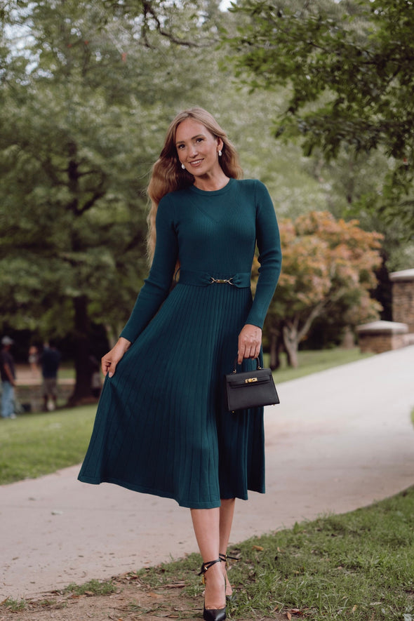 ZESICA Fall Crewneck Knit A Line Pleated Flowy Long Dresses with Belt