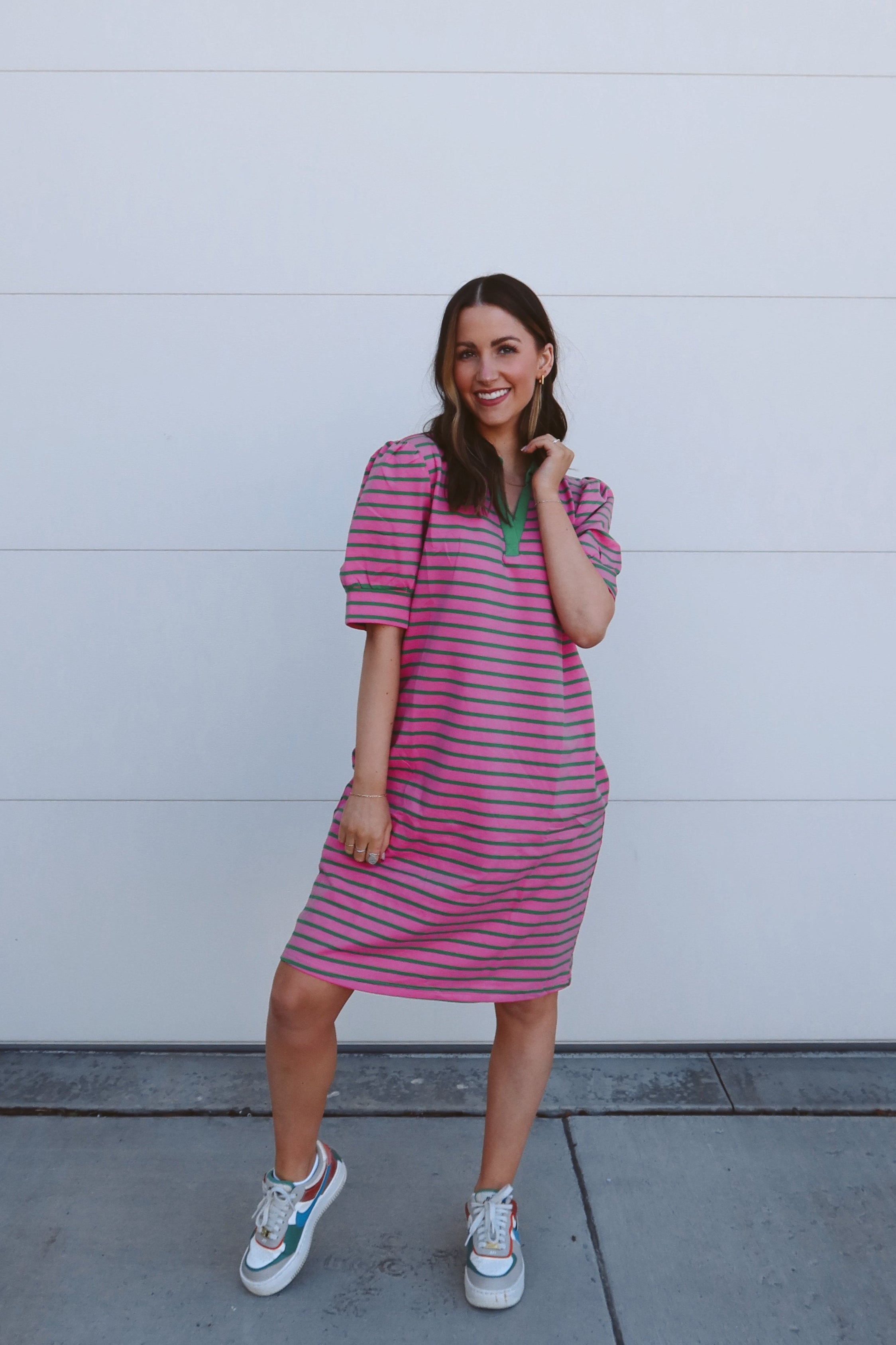 ZESICA Striped Lapel V Neck Short Sleeve Flowy A Line T Shirt Dress zesica ZESICA Striped Lapel V Neck Short Sleeve Flowy A Line T Shirt Dress zesica