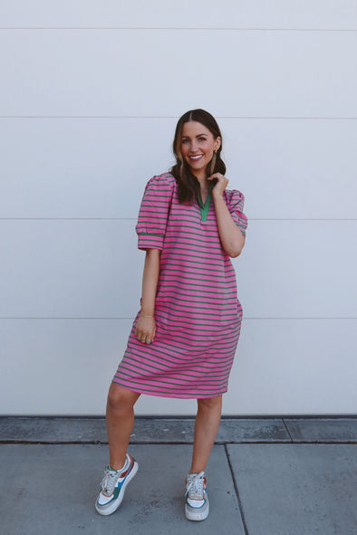 ZESICA Striped Lapel V Neck Short Sleeve Flowy A Line T Shirt Dress