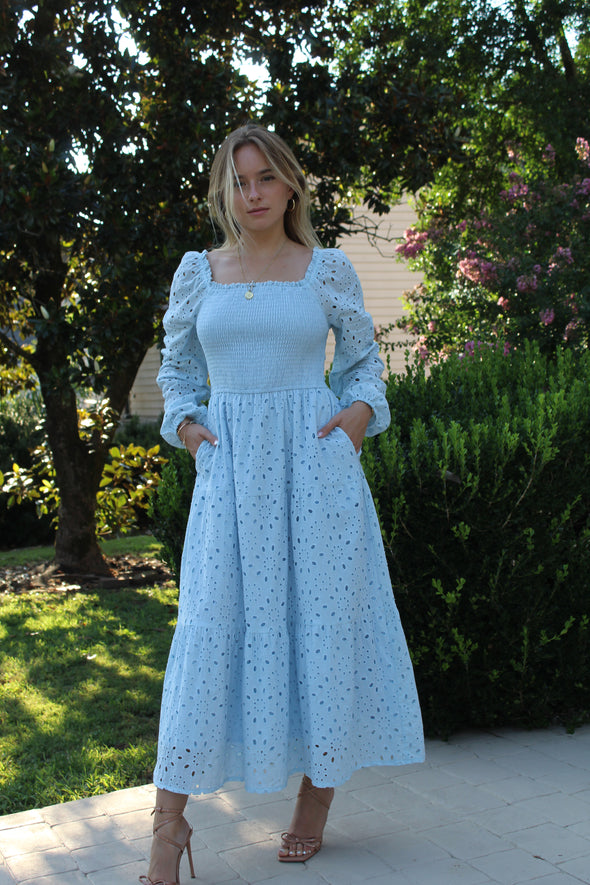 ZESICA Square Neck Hollow Out Eyelet Smocked A Line Boho Dress