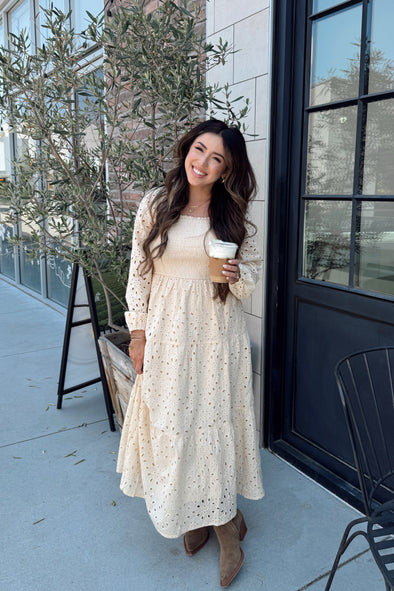 ZESICA Square Neck Hollow Out Eyelet Smocked A Line Boho Dress