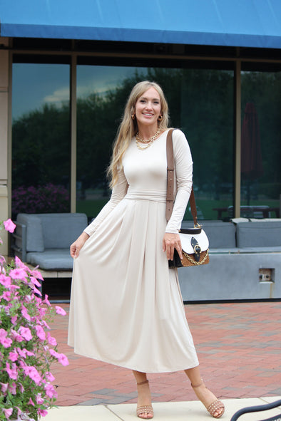 ZESICA Elegant Crewneck Knit High Wasit Pleated Flowy A Line Dresses