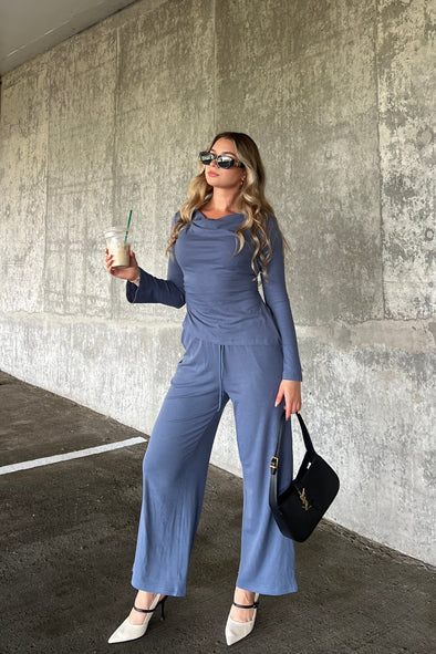 ZESICA Long Sleeve Cowl Neck Asymmetrical Top Wide Leg Pants Matching Set